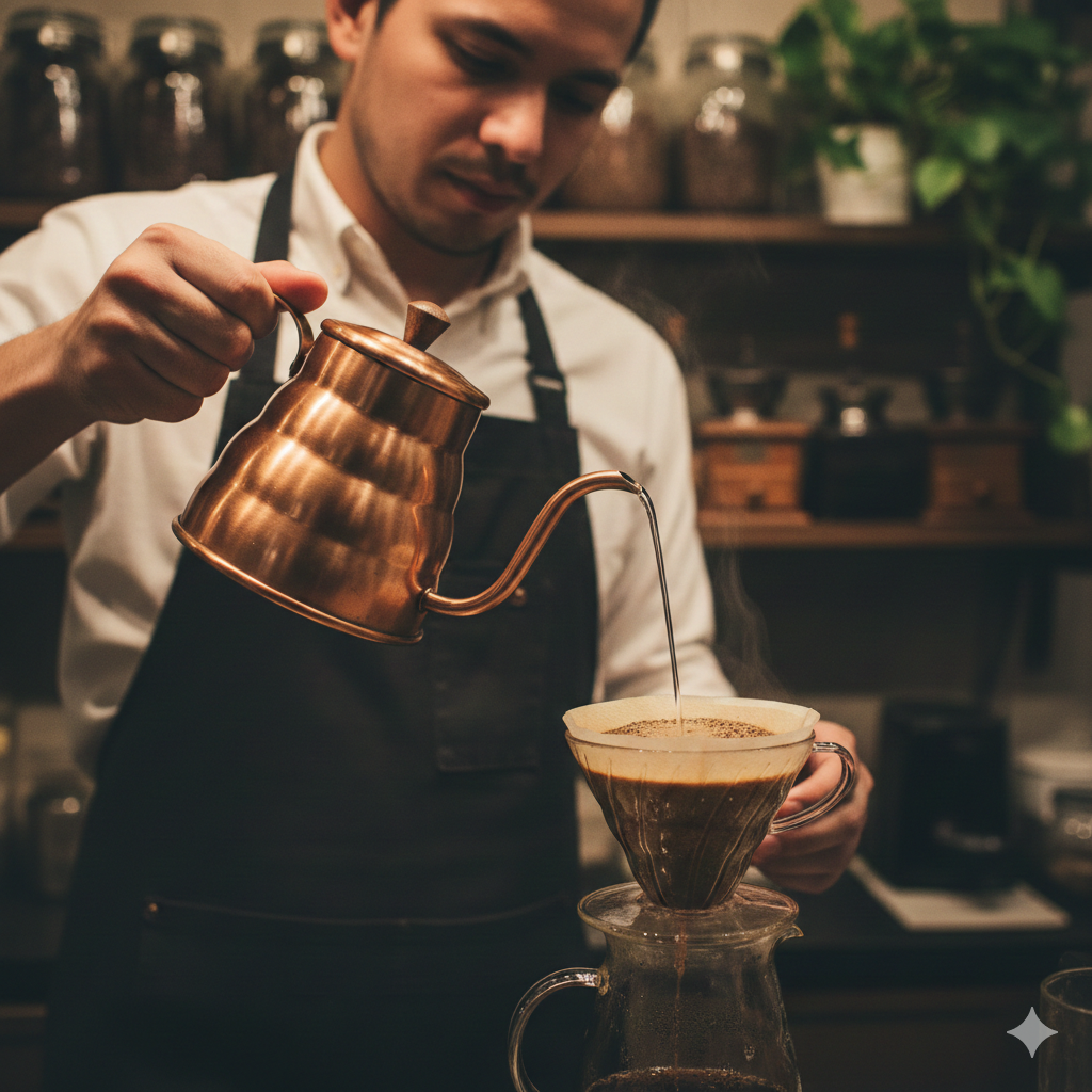 バリスタがコーヒーを丁寧に淹れている写真