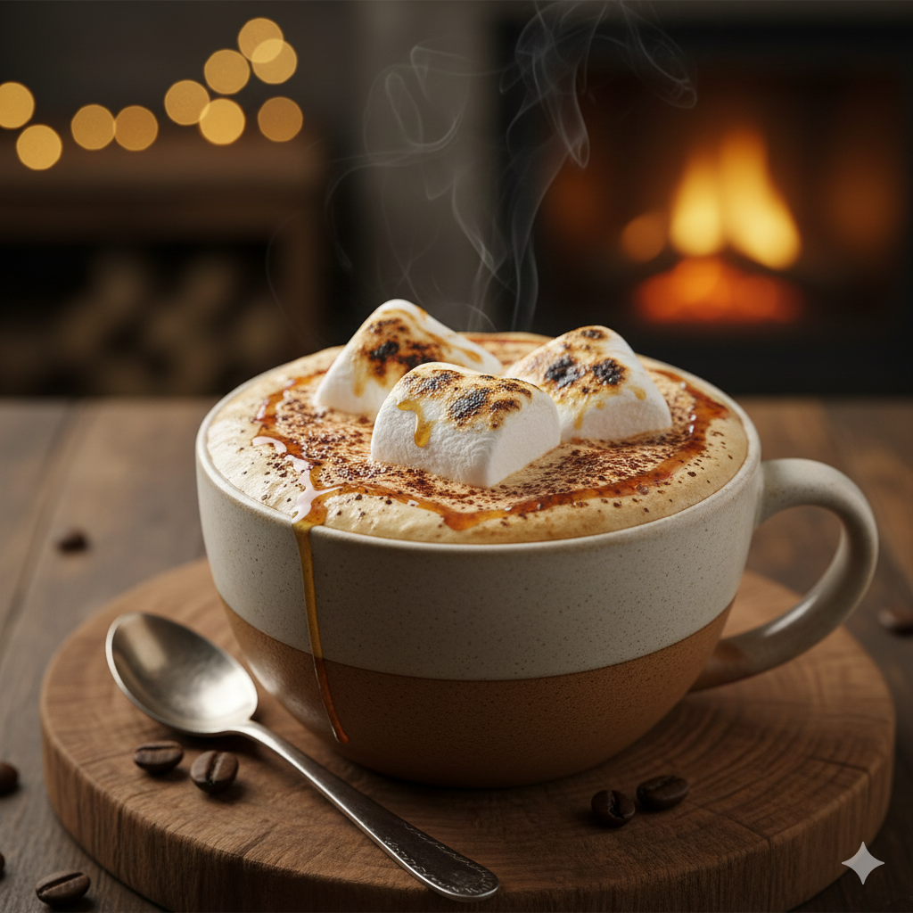 ふわふわのマシュマロが乗ったホットラテ
