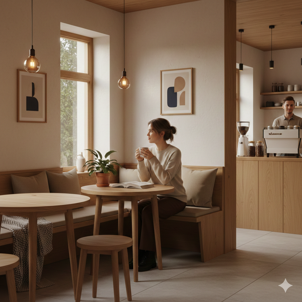 落ち着いたトーンの間接照明が灯る、木製のテーブルが並ぶカフェの店内